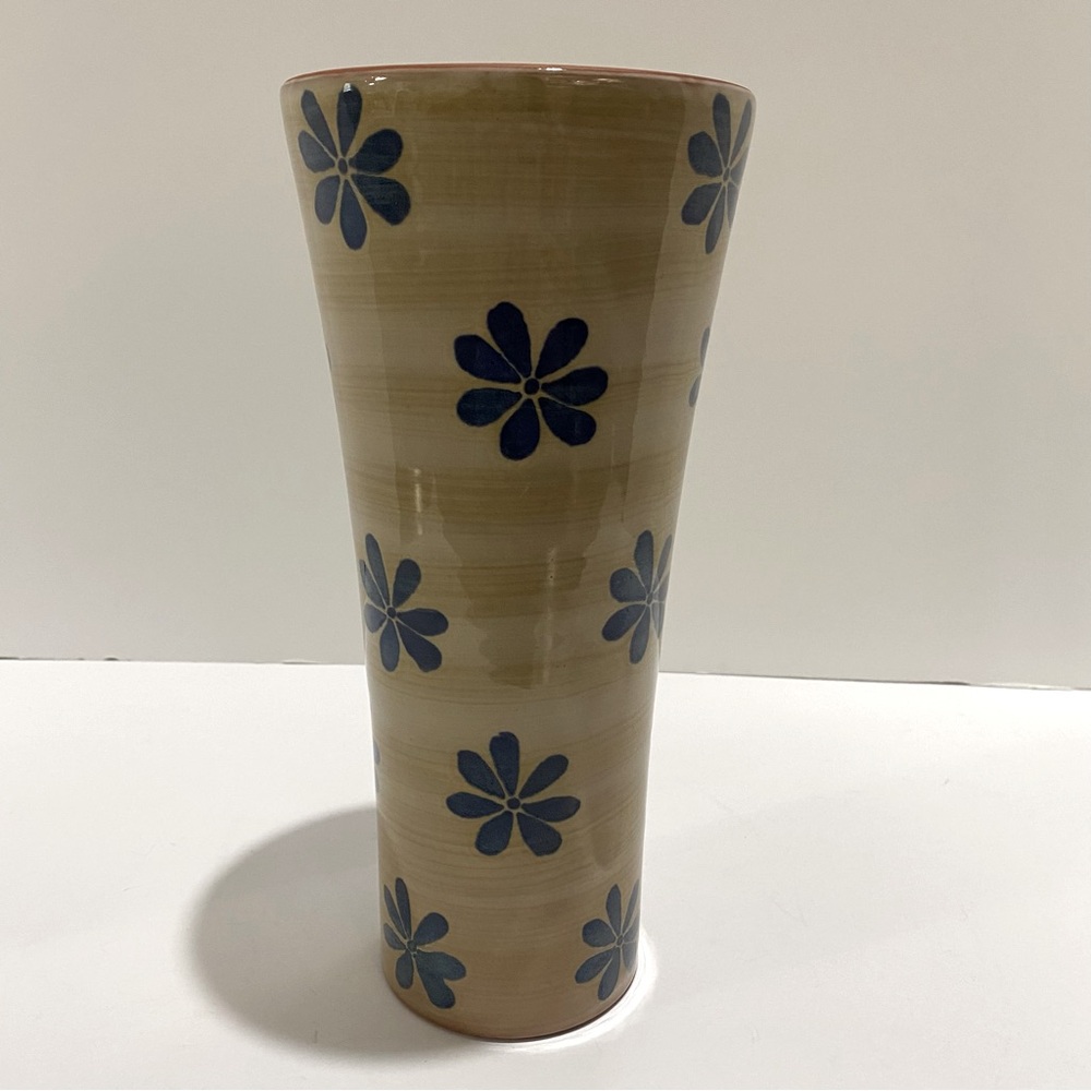 Tall Tan Background Blue Flowers Ceramic Vase Floral Portugal Terracotta